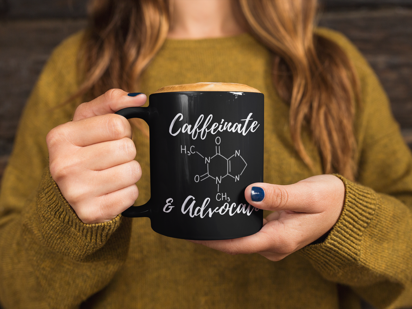 CAFFEINATE & ADVOCATE Black 11oz Glossy Mug